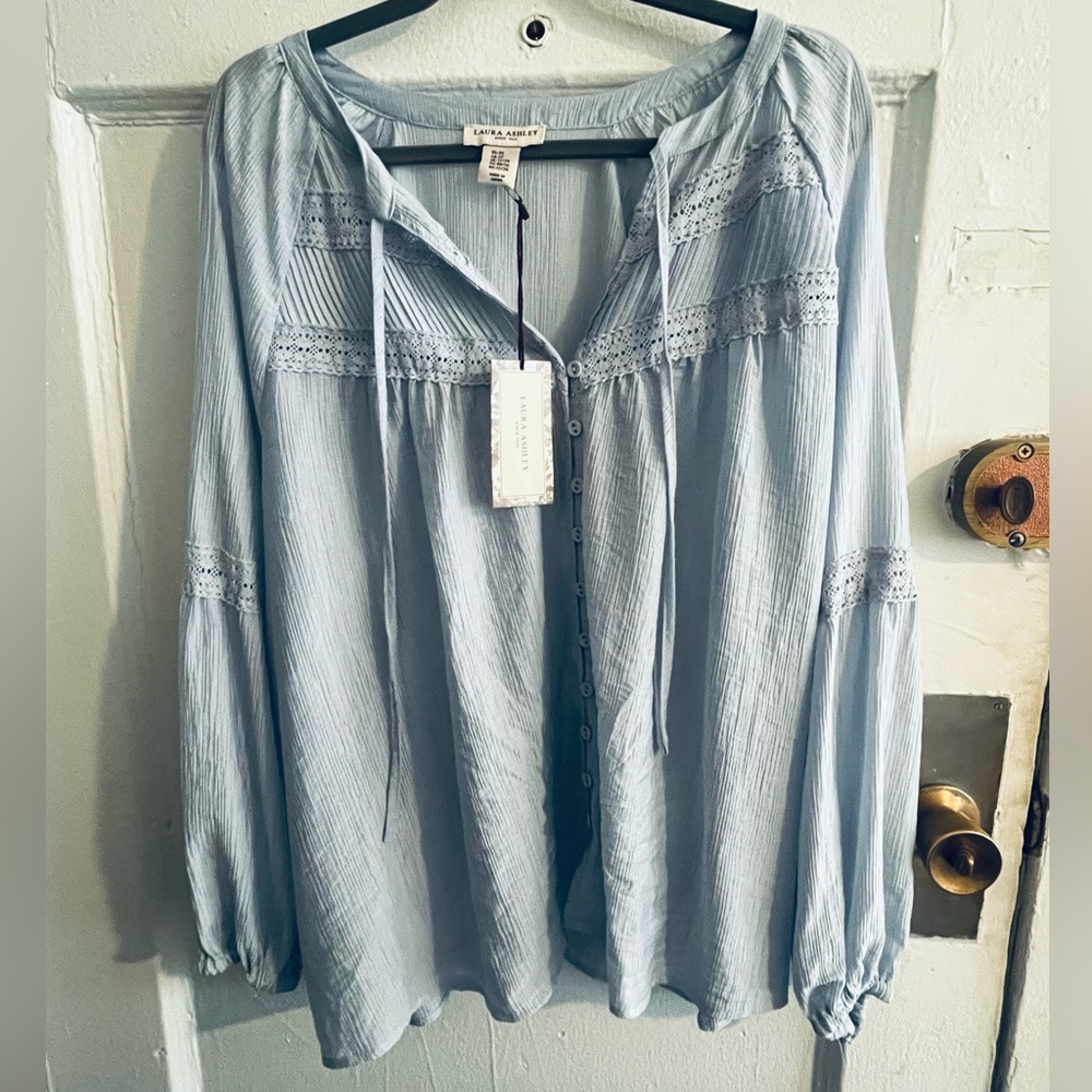 Laura Ashley Pale Blue Boho Button-Front Blouse - Picture 3 of 5